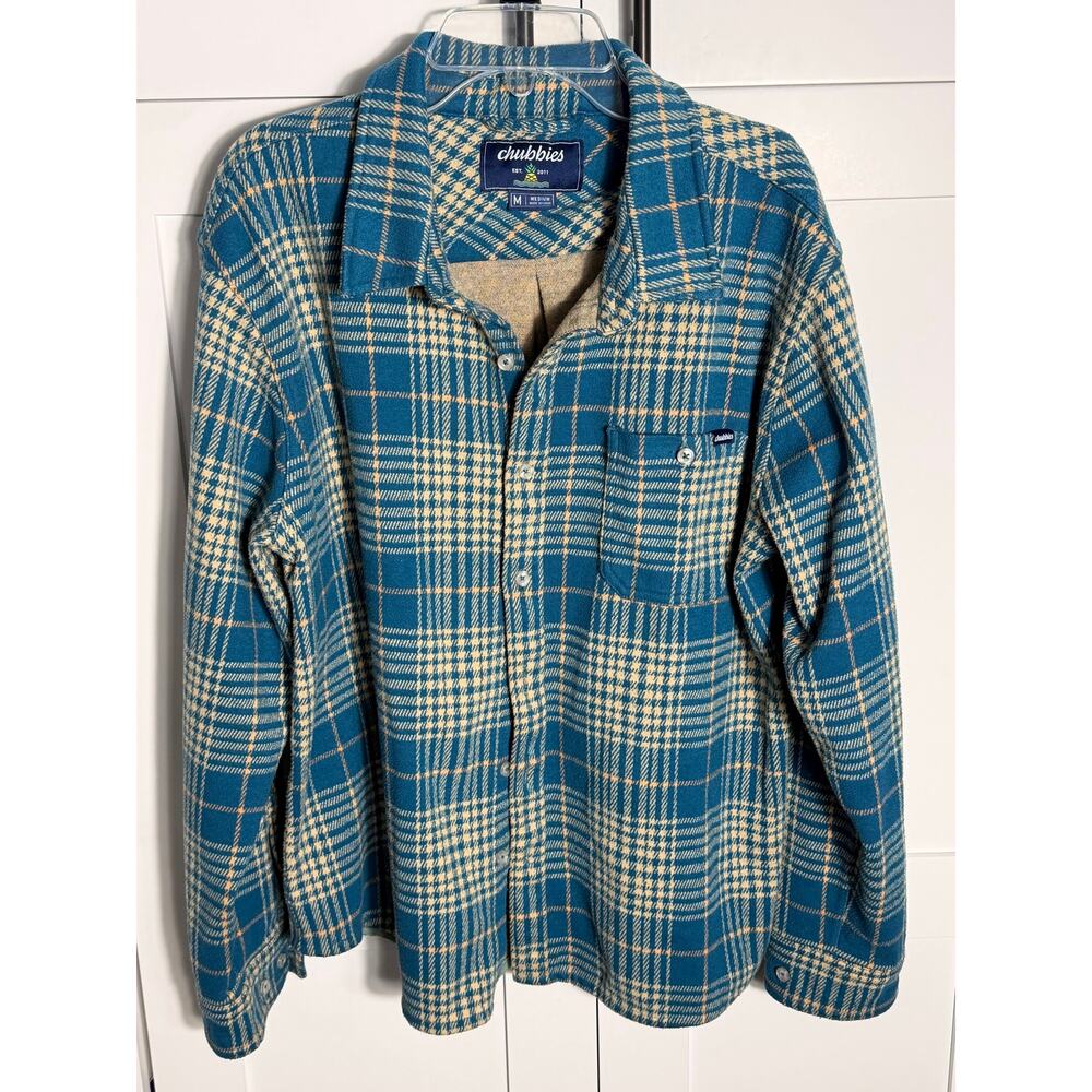 Chubbies Plaid Flannel Shirt Jacket Men’s Medium Blue Tan Button Up Shacket